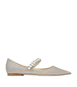 Coupon 😀 Jimmy Choo Baily Embellished Glitter Flats PLATINUM ICE Ballet Flats 🤩