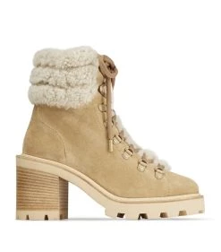 Cheap β€οΈ Jimmy Choo Eshe 65 Shearling-Trim Ankle Boots STUCCO/NATURAL π
