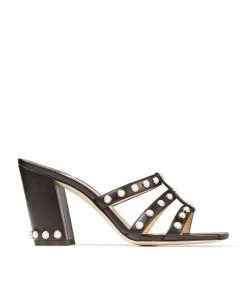 Cheapest 🎁 Jimmy Choo Hazal 85 Leather Mules BLACK Heeled Sandals ⌛