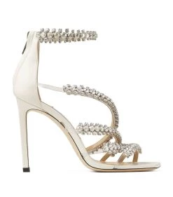 Cheapest 🧨 Jimmy Choo Josefine 100 Leather Sandals LATTE/CRYSTAL Heeled Sandals ✔️