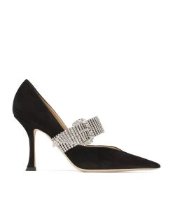 Flash Sale ⌛ Jimmy Choo Kari 90 Suede Pumps BLACK/CRYSTAL Courts ⭐