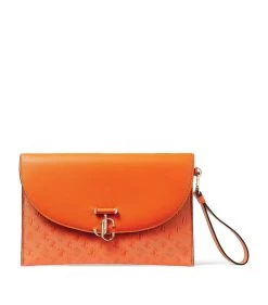 Discount 😍 Jimmy Choo Logo Envelope Clutch Bag AMBER ORANGE/LIGHT G Clutch Bags 🎁