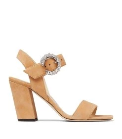 Coupon 🔔 Jimmy Choo Maysa 85 Leather Mules CARAMEL/CRYSTAL Heel Sandals ✨