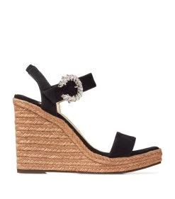 Top 10 😍 Jimmy Choo Mirabelle 110 Suede Wedge Sandals BLACK/CRYSTAL Wedges ⭐