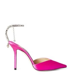 Coupon 🔥 Jimmy Choo Saeda 100 Satin Pumps FUCHSIA/CRYSTAL HONE Courts 🔔