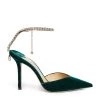 Promo 🧨 Jimmy Choo Saeda 100 Velvet Pumps DARK GREEN/CRYSTAL H Courts 😍
