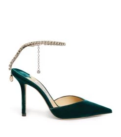 Promo 🧨 Jimmy Choo Saeda 100 Velvet Pumps DARK GREEN/CRYSTAL H Courts 😍