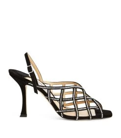 Best Pirce π€© Jimmy Choo Saila 90 Embellished Suede Sandals BLACK/SILVER Slingback π Heels π―