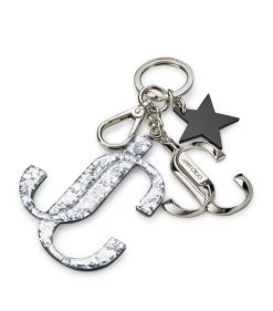 Cheap 👏 Jimmy Choo Silver Engraved Keyring SILVER/GLITTER BUTTE Keychains 🤩