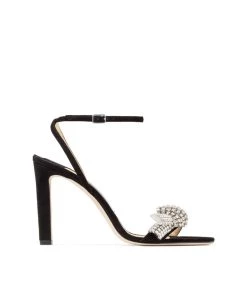 Cheapest 👍 Jimmy Choo Thyra 100 Suede Sandals BLACK/CRYSTAL Heel Sandals 🌟